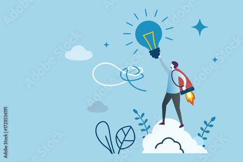 Man with jetpack holding a glowing lightbulb above his head representing innovation and success