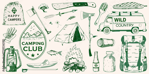 Collection of hand drawn camping and outdoor adventure equipment and symbols for happy campers
