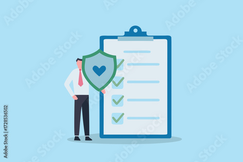 Man holding a shield with a heart symbol in front of a clipboard with a checklist and checkmarks