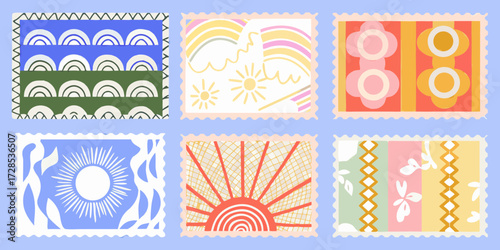 Collection of six stylized postage stamps featuring abstract geometric patterns and sun motifs in a pastel color palette