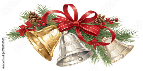 Holiday Bells: A festive display of three ornate bells, embellished with sprigs of evergreen and a crimson bow, evoke the joy and merriment of the holiday season.