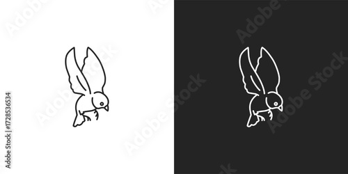 black and white bird logo, icon. animal, fly, flying, nature, feather, wild, wildlife, fauna, wing, sticker, clipart, flat, vector illustration.	