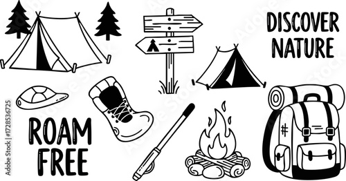 Black and White Backpack with Rolled Sleeping Bag, Camping Theme