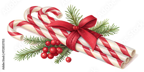 Festive Sweetness: Three candy canes elegantly adorned with a vibrant red ribbon and sprigs of pine needles, capturing the essence of holiday cheer and sweetness.