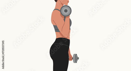 Woman performing bicep curls with dumbbells for arm muscle strengthening and fitness