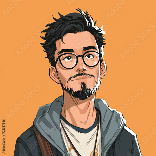 A young man is seen wearing glasses and a casual outfit with a hoodie, expressing a confident demeanor while standing against a vivid orange background.