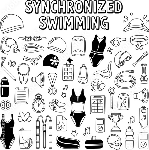 Hand-Drawn Synchronized Swimming Equipment and Aquatic Sport Gear Outline Pattern