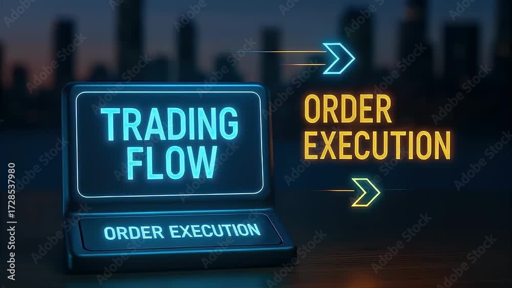 Trading flow order execution neon sign digital display trading office dusk showing financial transaction process and automated trade routing with glowing blue and yellow typography and dynamic arrow