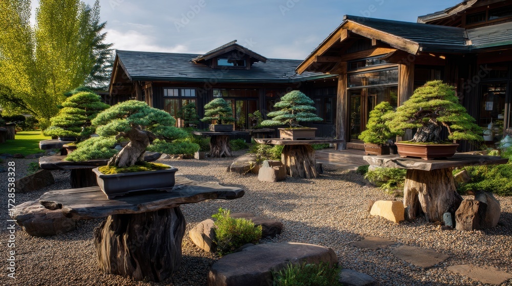 Fototapeta premium Tranquil Bonsai Garden with Elegant Trees Surrounded by Natural Scenery and Stunning Architecture in a Peaceful Outdoor Setting