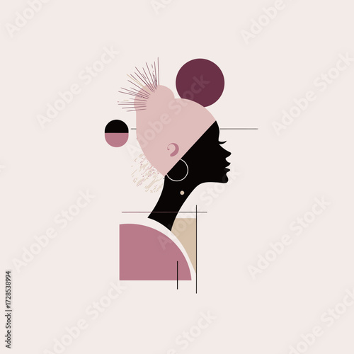 An abstract representation of a woman profile set against a light background. Various shapes and soft colors complement her silhouette, showcasing creativity.