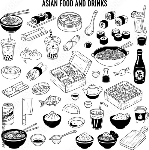 Hand-drawn collection of traditional Asian food and drinks, including sushi, ramen, dim sum, and bubble tea, in a doodle style for menu or poster design.