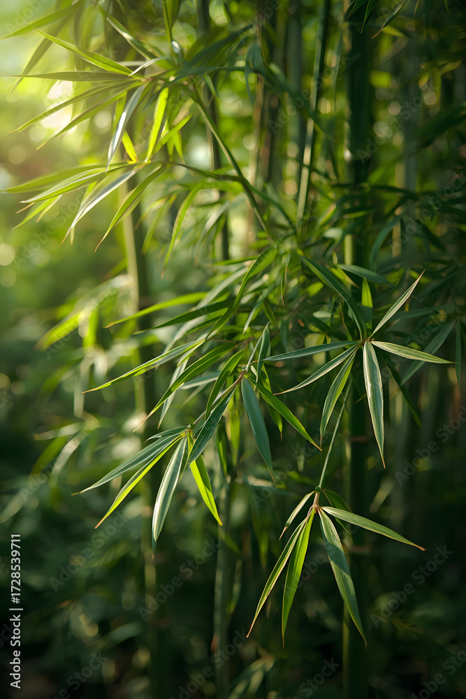 Fototapeta premium Lush Green Bamboo Leaves with Sunlight