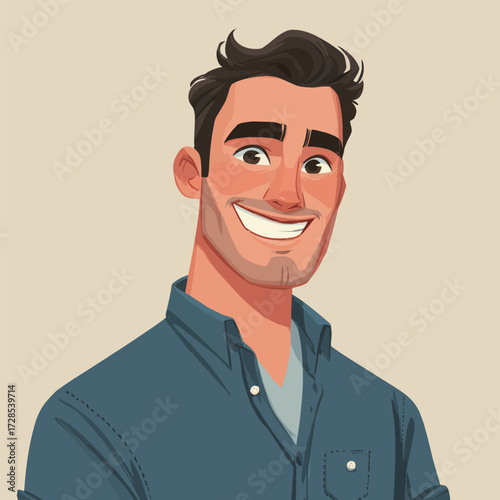 A cheerful young man is smiling confidently while wearing a dark button-up shirt. His expression is friendly and approachable, set against a simple light background.