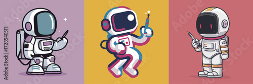 Three cartoon astronauts are depicted in vibrant colors, engaging in various creative activities against different backgrounds. Their playful expressions add charm and fun.