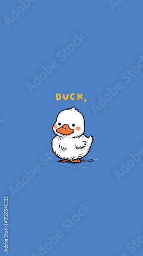 A cheerful cartoon duck with white feathers and an orange beak stands happily on a solid blue background, radiating playful energy and charm.