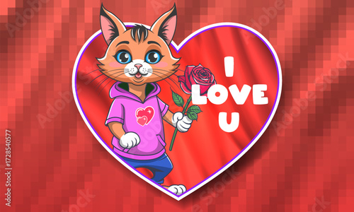 Vector toon red heart, sticker or badge. Cute cartoon ginger cute cat with flower rose. I love you. Happy Valentines day or wedding