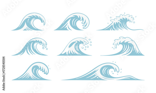 Ocean Waves Line-Art Set Minimal Blue Vector on White, sea beach elements, sea beach weaves elements, easily editable and scalable. 