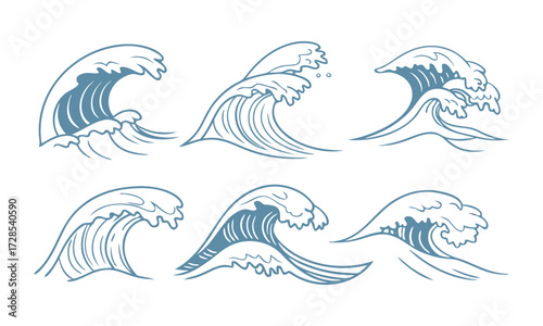 Ocean Waves Line-Art Set Minimal Blue Vector on White, sea beach elements, sea beach weaves elements, easily editable and scalable. 