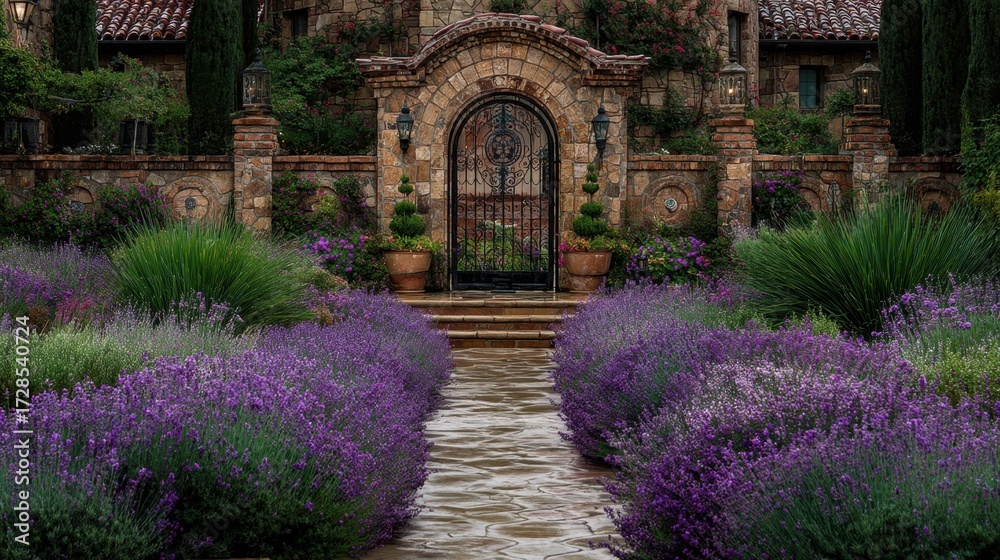 Fototapeta premium Lavish garden entrance featuring stone archway, wrought iron gate, and vibrant lavender blossoms lining a serene pathway through a picturesque landscape