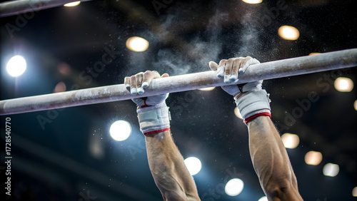 Gymnastics athlete performing on uneven bars with chalk for grip and strength training