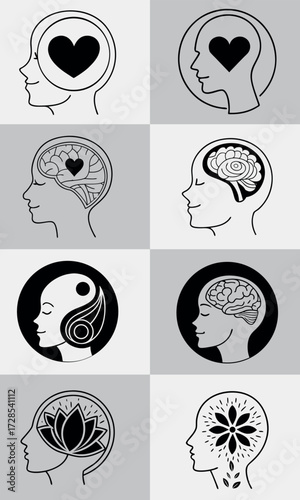 Mental health and well being illustrations depicting various brain concepts