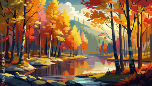 An oil painting shows colorful autumn trees, a semi abstract image of forest with tall aspen trees, glowing yellow red leaf tones reflecting in the lake, evoking autumn fall season nature background.