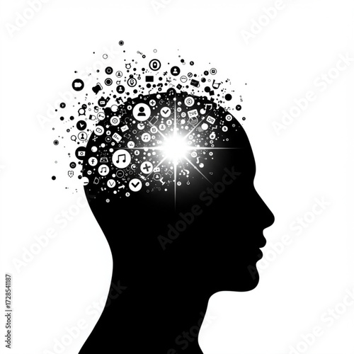 Creative Mind and Innovation Concept – Human Head Silhouette with Explosion of Ideas and Technology Icons Vector