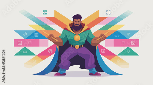 Vibrant superhero with geometric rainbow background and determined expression empowering and energetic