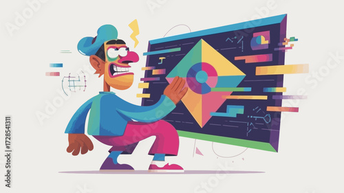 Cartoon programmer character intensely focused on a complex geometric data visualization on a digital screen