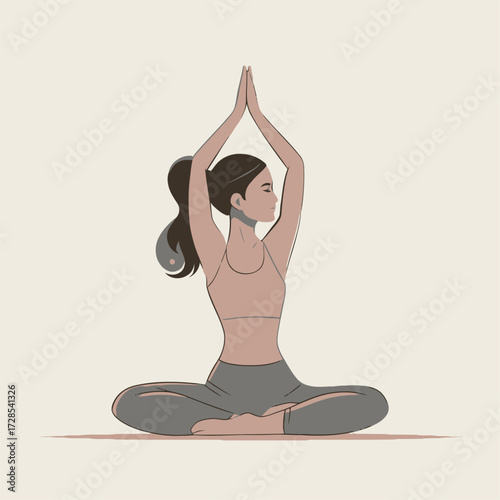 A woman sits cross-legged in a peaceful pose, hands raised in a prayer position. The scene conveys tranquility and focus on inner calmness and well-being.