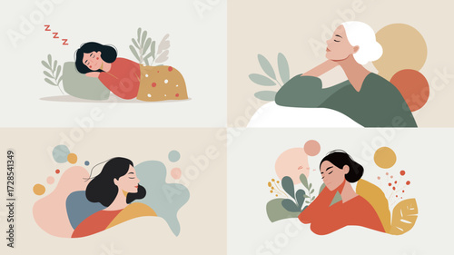 Different women engage in self-care and relaxation activities. Each woman is shown in a tranquil setting, highlighting the importance of mental well-being.