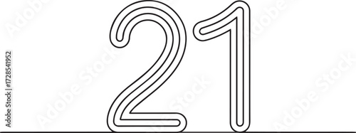 Minimalist continuous single line drawing of number 21 in modern geometric black and white style with clean balanced composition