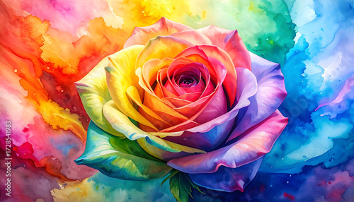 Rainbow rose watercolor painting vibrant multicolor bloom joyful