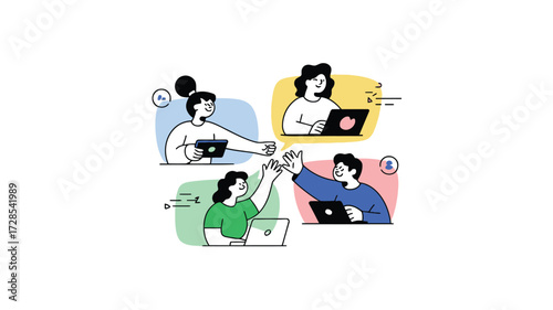 Diverse group of people collaborating remotely on laptops in a video conference call celebrating success and teamwork