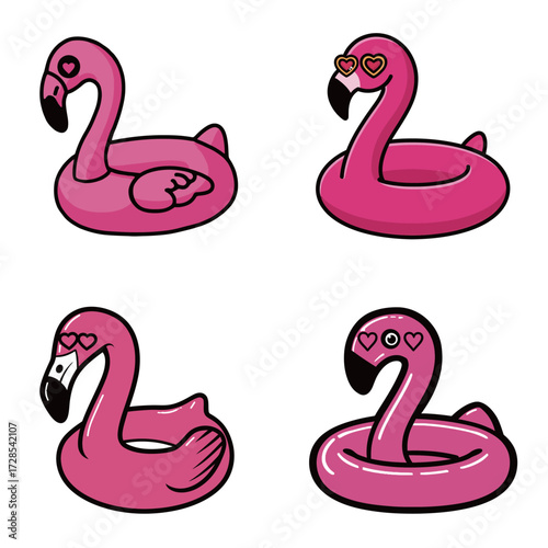 Four cute pink flamingo floaties with different designs and heart-shaped eyes are displayed, perfect for summer pool activities and beach outings.