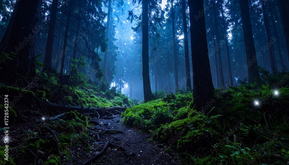 Obraz premium A winding path leads through a mystical, dimly lit forest, bathed in a soft, ethereal glow