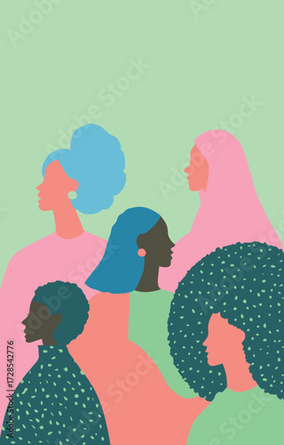 Group of women with unique hairstyles stand in profile. Each figure is depicted in soft colors, showcasing diversity and style in a harmonious composition.