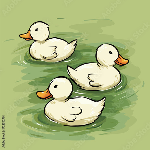 Three fluffy white ducks paddle through calm green pond water, enjoying a sunny day outdoors. Their bright orange beaks contrast with the serene surroundings.