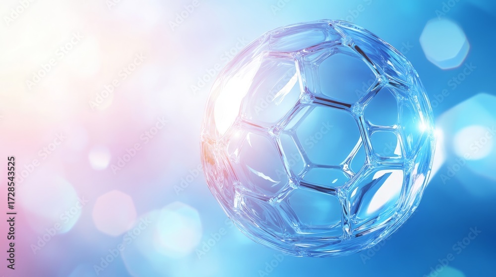 Naklejka premium futuristic glass shield orb with glowing hexagonal lattice and soft light flares on deep sky blue background