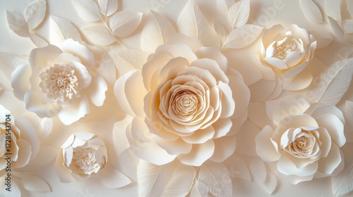 Fototapeta Naklejka Na Ścianę i Meble -  close-up of handcrafted paper roses and peonies with curled petals and textured leaf cutouts on a neutral background