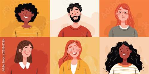 Six friends with different hairstyles and outfits share joyful expressions in a vibrant setting. The warm colors create a welcoming atmosphere among them.
