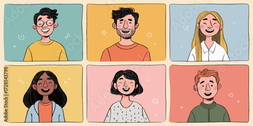 Six young adults are smiling joyfully against vibrant backgrounds. They express happiness and connection. Their diverse styles reflect a lively social atmosphere.