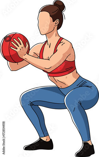 Vibrant illustration of a woman performing a medicine ball squat, promoting a healthy and active lifestyle