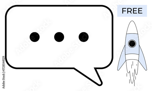 Speech bubble with ellipsis next to launching rocket and Free label. Ideal for creativity, communication, technology, innovation, startup, freedom, brainstorming. Perfect simple flat metaphor