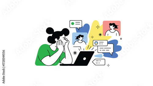 Overwhelmed woman stressed by online communication and social media notifications on her laptop screen during remote work
