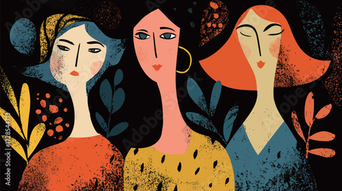Three women stand together in a vibrant illustration, each showcasing distinct hair colors and styles. They are surrounded by colorful foliage, creating a lively atmosphere.