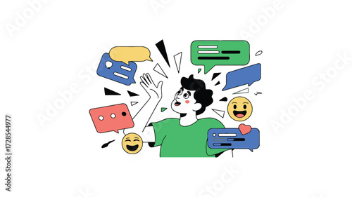 Overwhelmed person bombarded by social media notifications and messages creating mental overload and stress