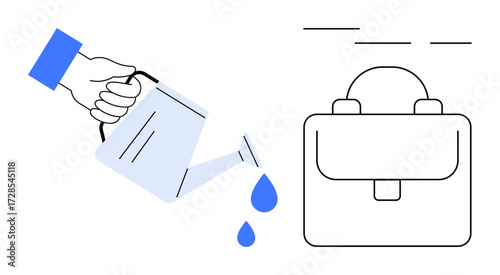 Hand pours water droplets from a watering can onto a briefcase, symbolizing career growth, nurturing ideas, professional development, success, investment, mentorship, and sustainability. Clean flat