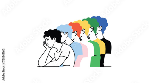 A thoughtful young person with black hair leans their head on their hand with a colorful spectrum of people behind them representing diversity and individuality