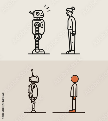 Two different illustrations show robots engaging with humans, emphasizing companionship and technological interaction in modern society.